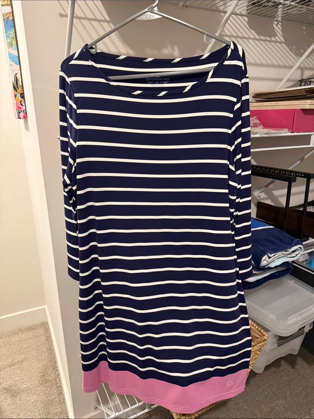 Southern Tide Navy and White Striped Top with Pink Accent